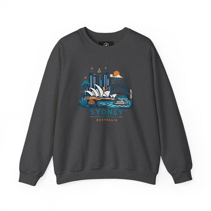Dark gray crewneck sweatshirt with colorful Sydney harbor city graphic on chest