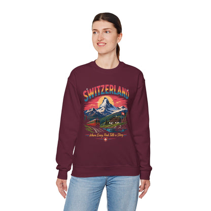 Maroon crewneck sweatshirt with colorful Switzerland landscape graphic front