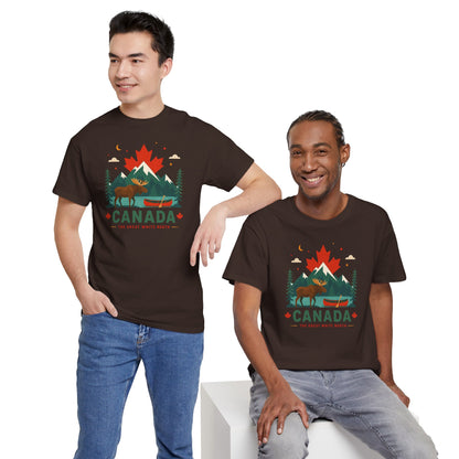 Dark brown graphic camping T-shirt with large maple leaf and CANADA print