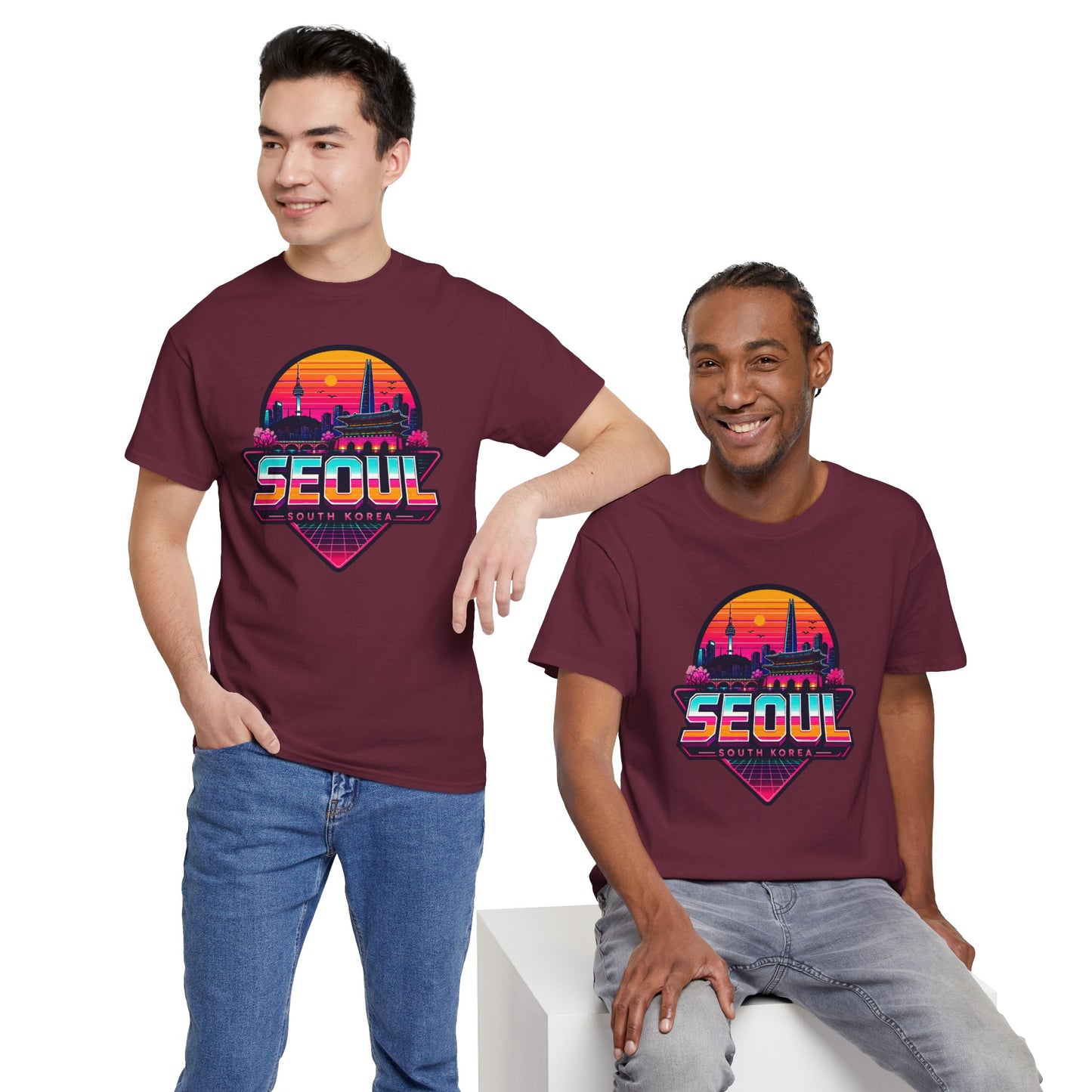 Maroon unisex T-shirt with Seoul city sunset logo graphic, crew neck