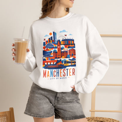 Manchester cityscape crewneck sweatshirt, white, front graphic with Manchester lettering