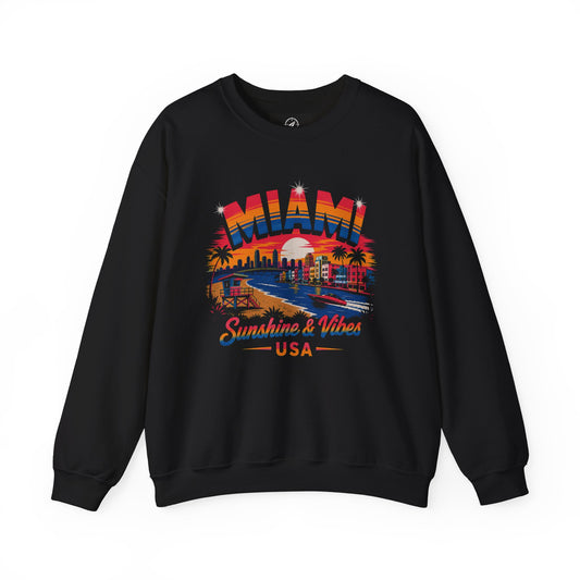 Black crewneck sweatshirt with Miami skyline graphic and Sunshine & Vibes USA print