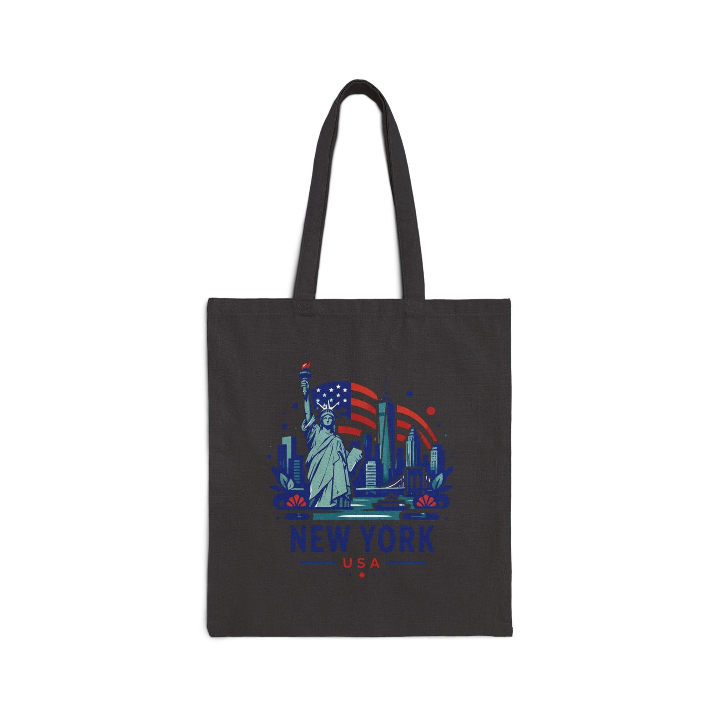 Black cotton canvas tote bag with Statue of Liberty and New York graphic