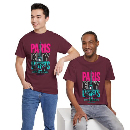 Maroon crewneck t-shirt with “PARIS CITY” neon Eiffel Tower graphic on two models