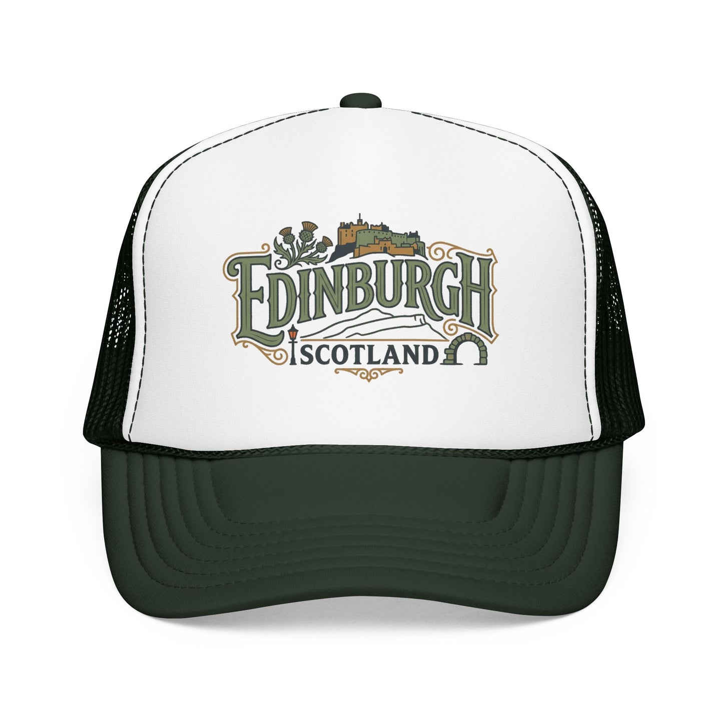 White trucker hat with dark green mesh back and Edinburgh Scotland logo