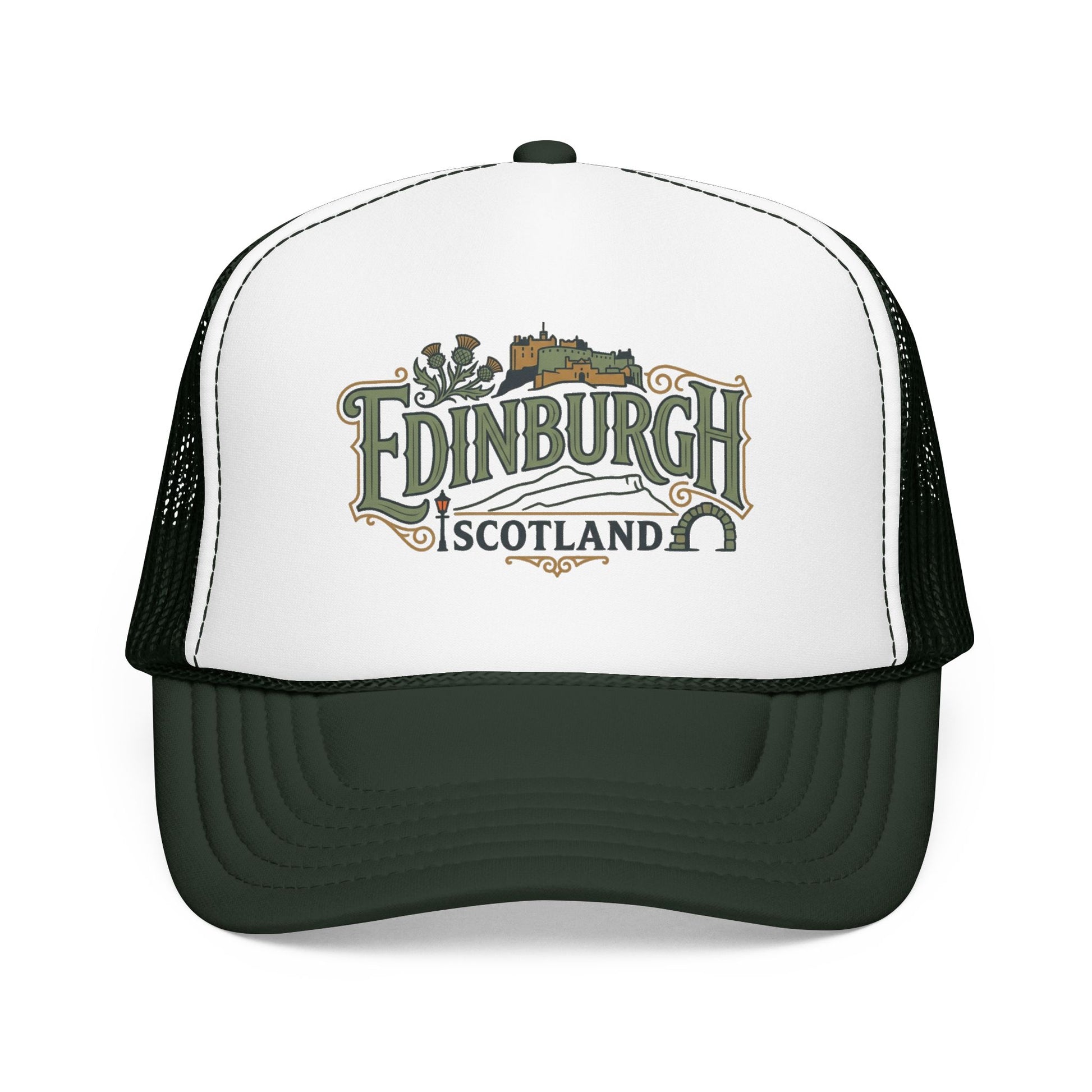 White trucker hat with dark green mesh back and Edinburgh Scotland logo