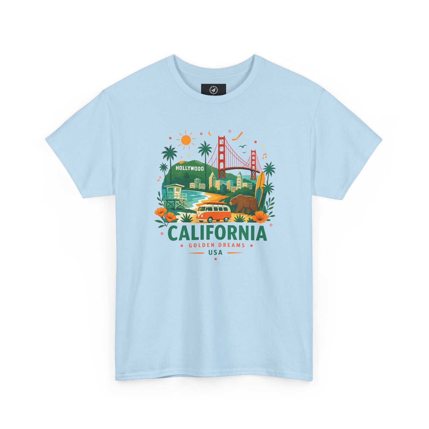Light blue short-sleeve crewneck T-shirt with colorful California graphic print