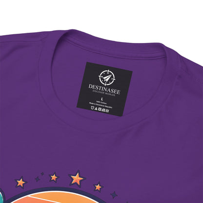 Purple T-shirt back with small neck label and star and rainbow graphic