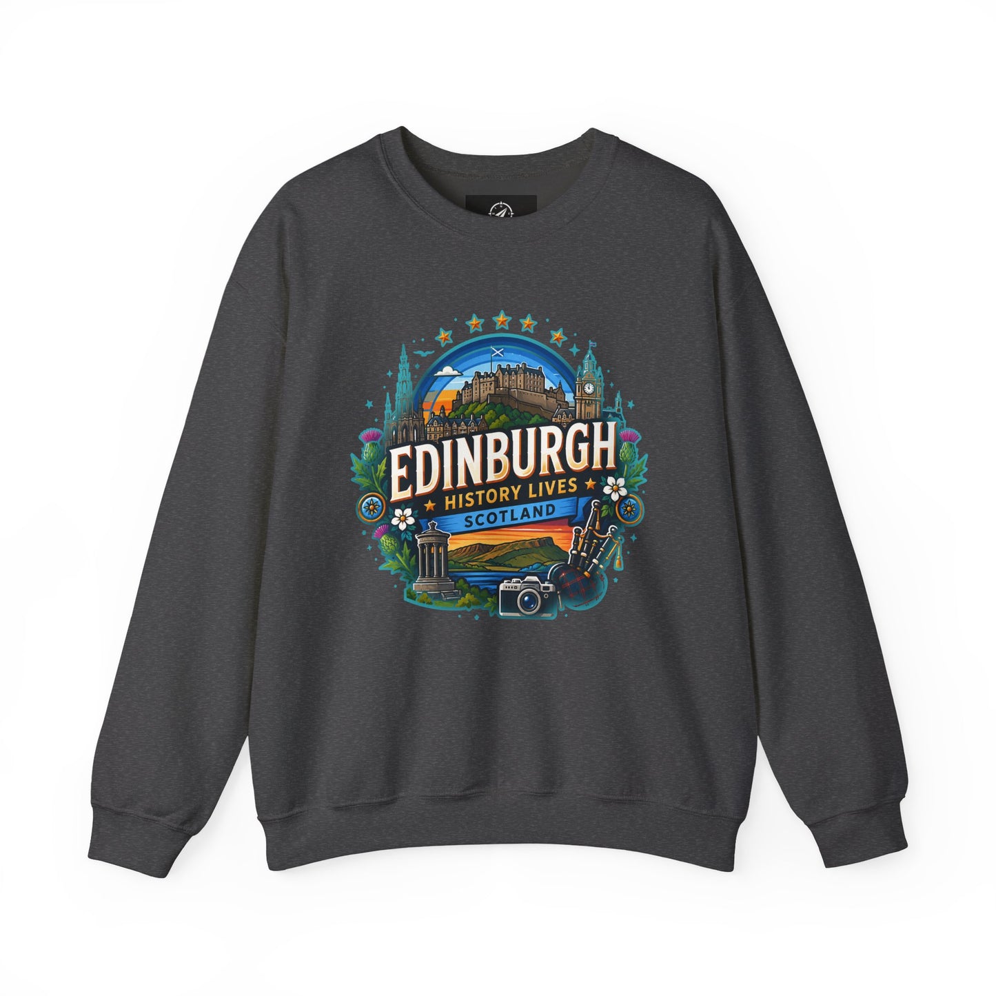 Dark charcoal crewneck sweatshirt with front “Edinburgh” graphic print