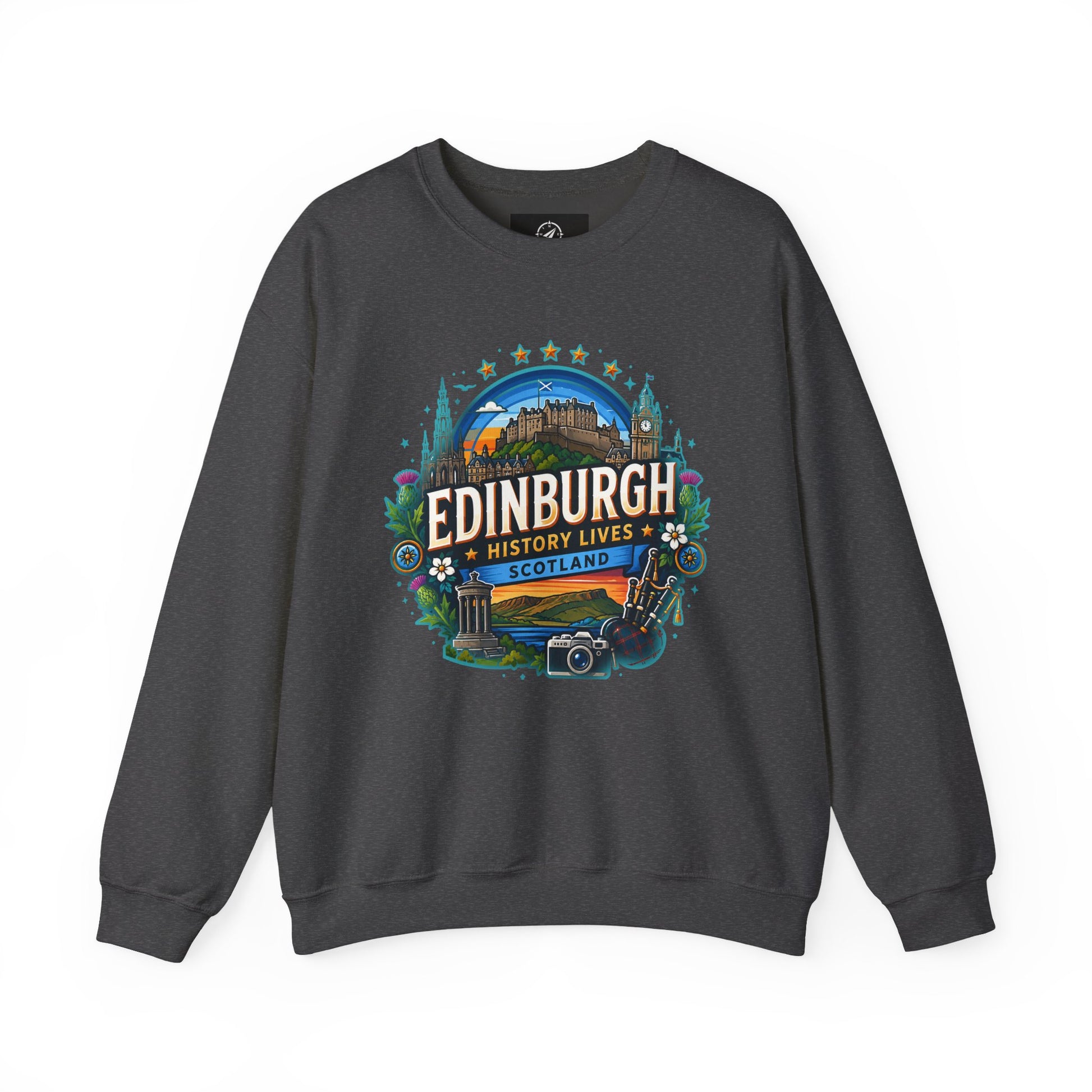 Dark charcoal crewneck sweatshirt with front “Edinburgh” graphic print
