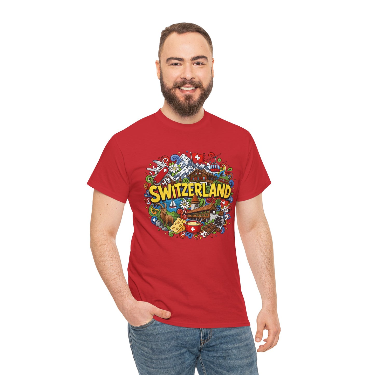 Red Switzerland travel T-shirt with colorful round chest graphic