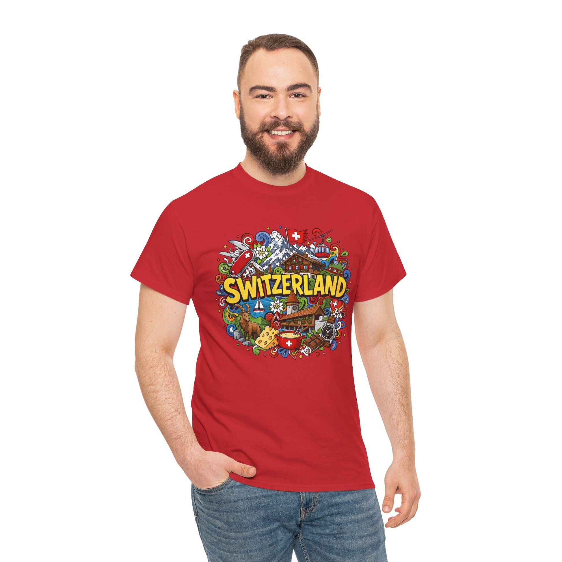 Red Switzerland travel T-shirt with colorful round chest graphic