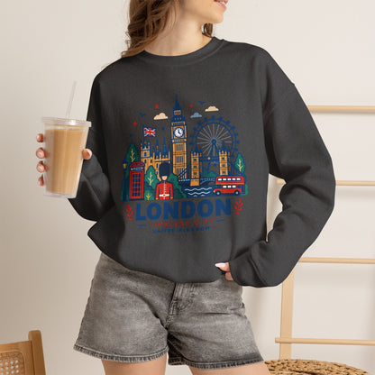 Black crewneck sweatshirt with colorful London skyline graphic and “London” logo