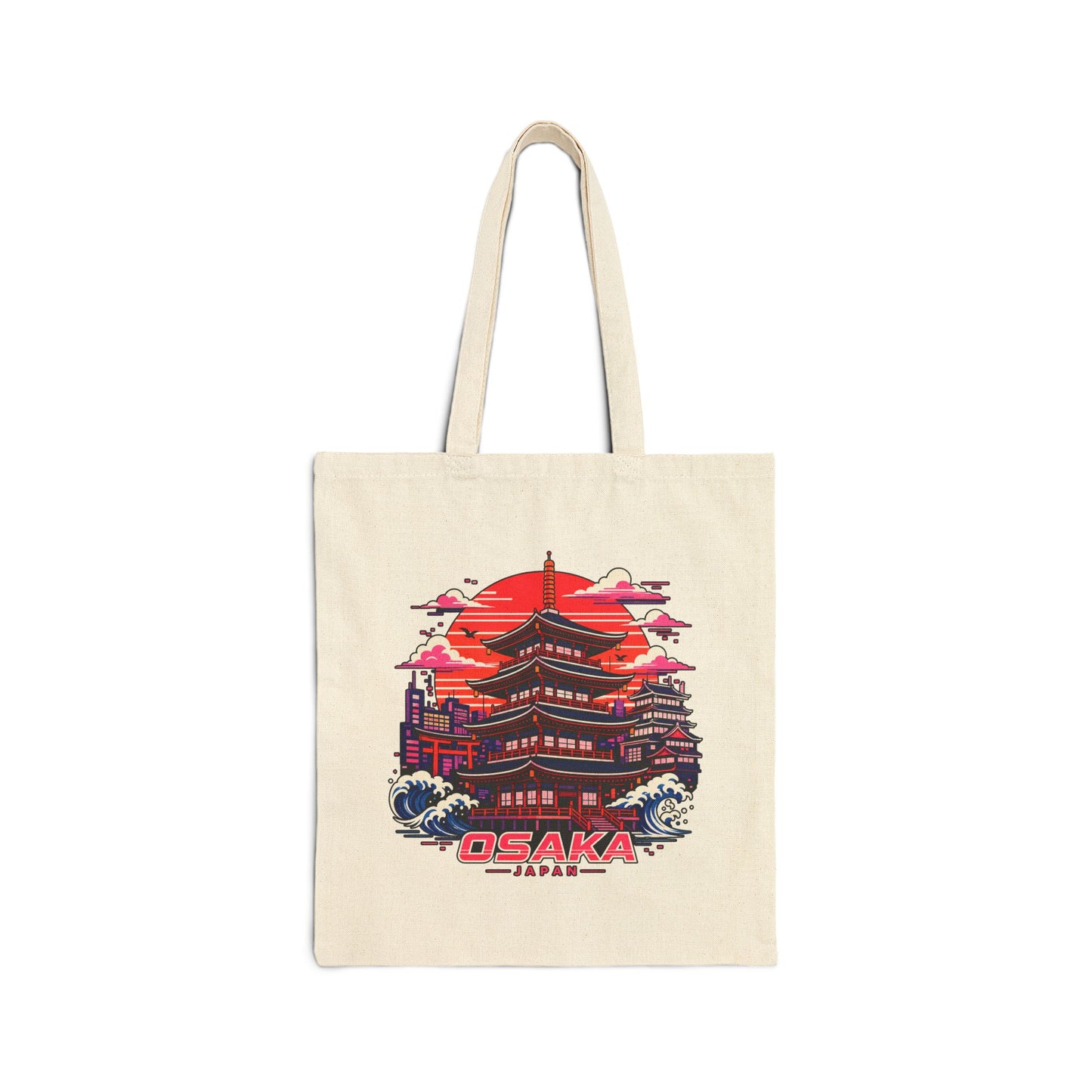 Natural cotton tote bag with colorful Osaka building graphic and logo on the front