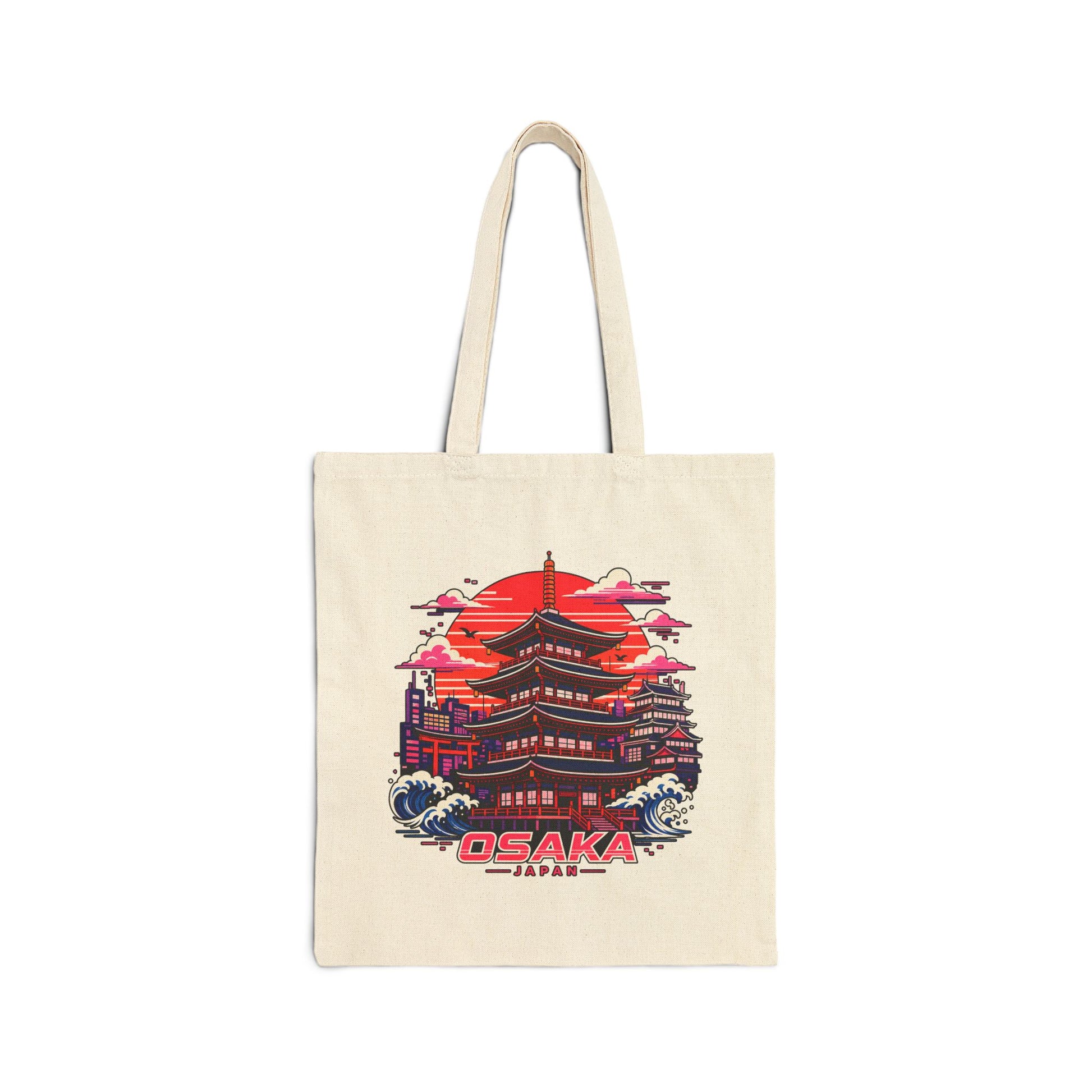 Natural cotton tote bag with colorful Osaka building graphic and logo on the front