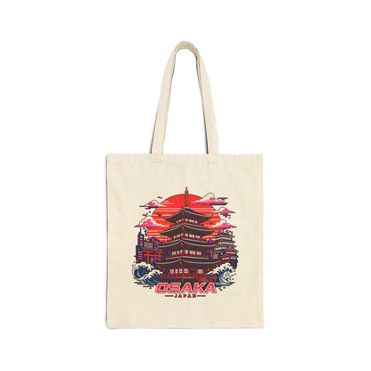 Natural cotton tote bag with colorful Osaka building graphic and logo on the front