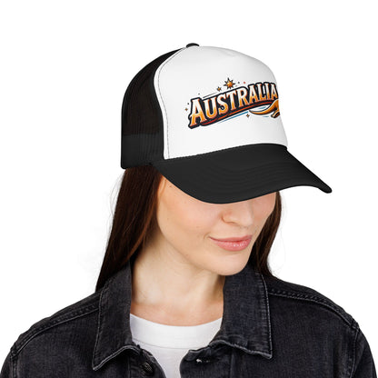 Black mesh and white front trucker hat with AUSTRALIA kangaroo logo patch