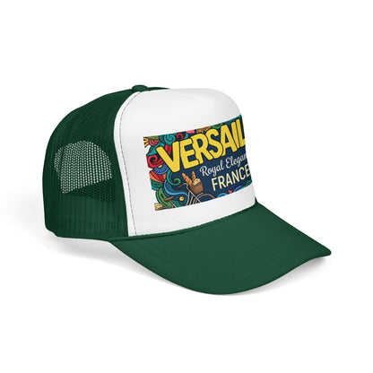 Green and white trucker hat with mesh sides and colorful “Versailles” graphic patch