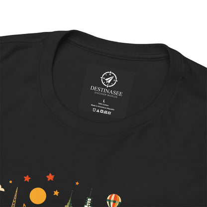 Black crew-neck T-shirt close-up showing neckline label and skyline graphic.