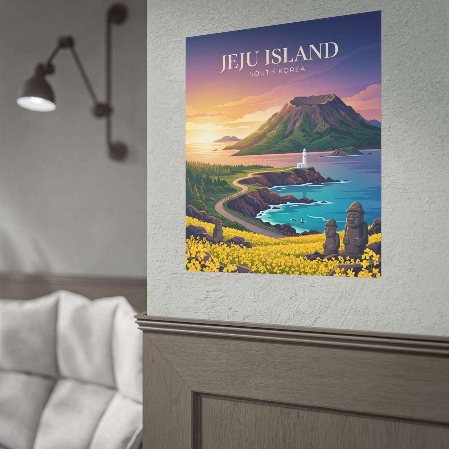 Jeju Island mini wall poster on gray textured wall above a sofa and console