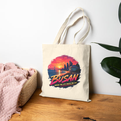 Natural canvas tote bag with Busan sunset front graphic