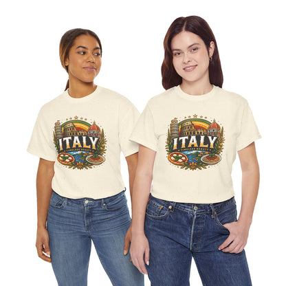 Natural/off-white short-sleeve crewneck T-shirt worn by two models, front shows Italy graphic