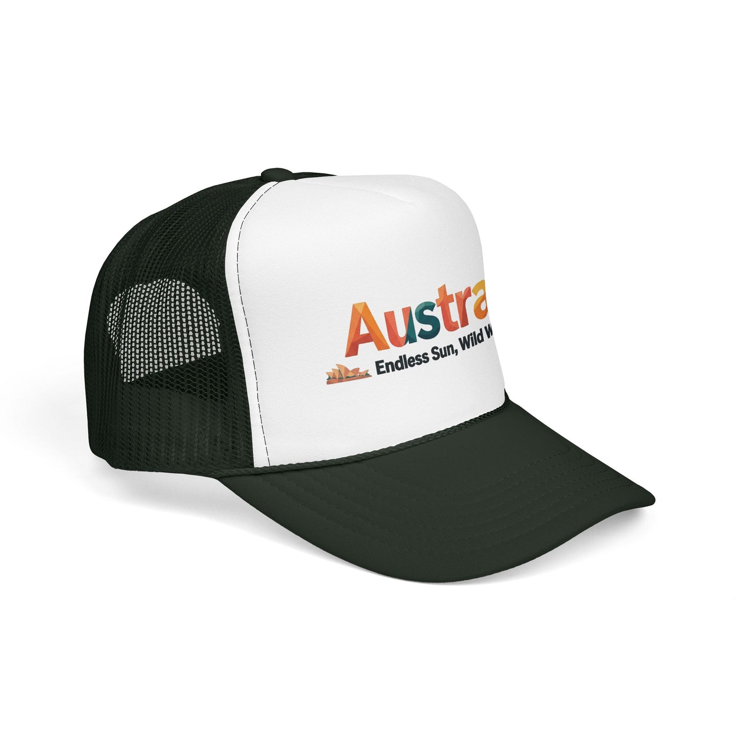 White front and dark green mesh trucker cap with embroidered “Australia” logo.