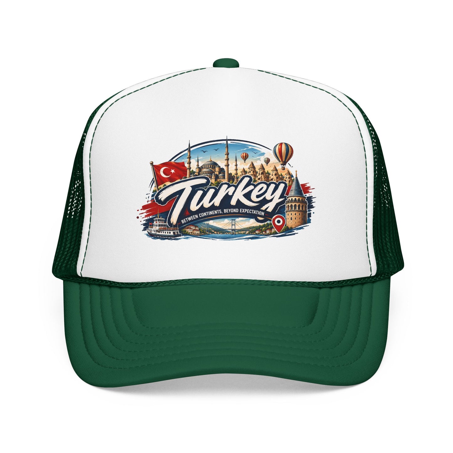 White trucker hat with dark green brim and black mesh sides, Turkey travel graphic