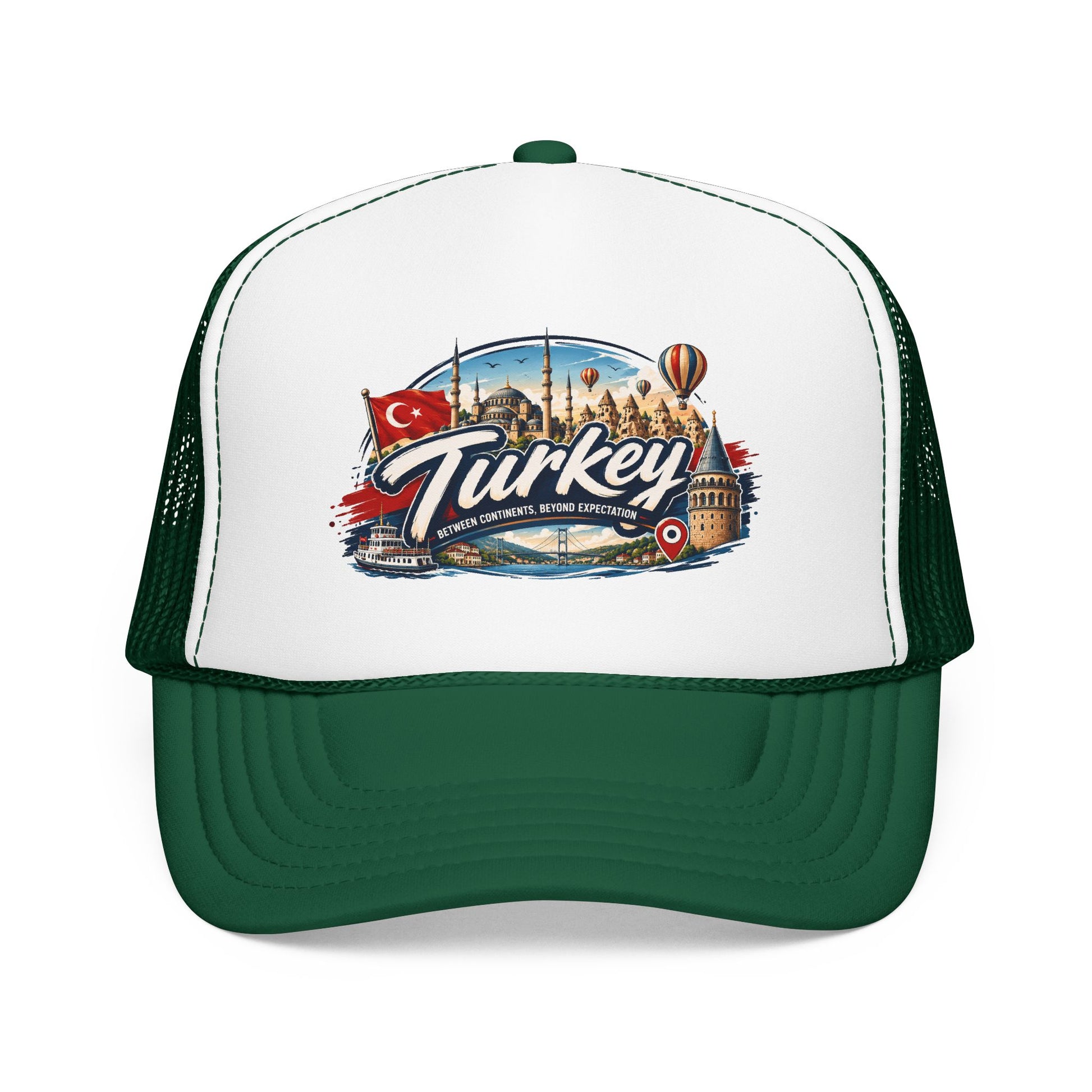 White trucker hat with dark green brim and black mesh sides, Turkey travel graphic