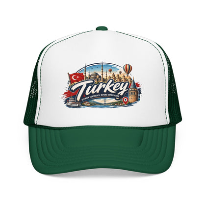 White trucker hat with dark green brim and black mesh sides, Turkey travel graphic