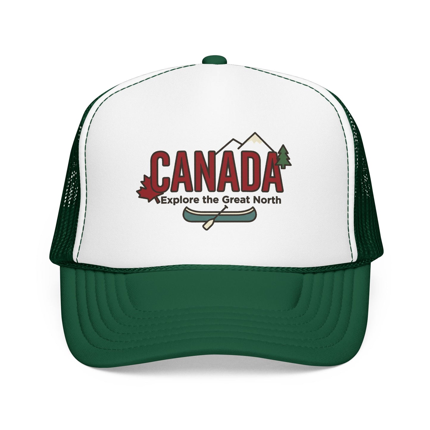 White and dark green foam trucker hat with Canada graphic front, mesh side panels.