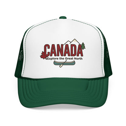 White and dark green foam trucker hat with Canada graphic front, mesh side panels.
