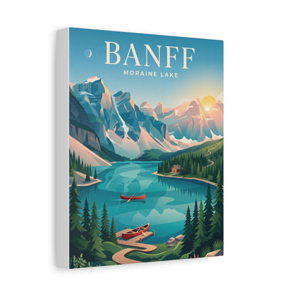 Banff Moraine Lake matte canvas wall art, angled canvas edge with turquoise lake and fir forest