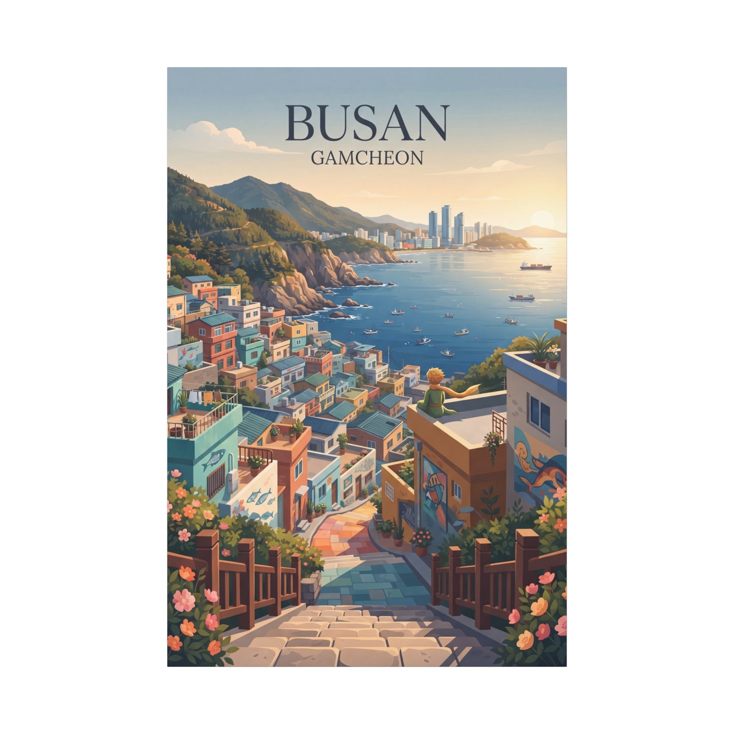 Matte canvas wall art with Busan Gamcheon street steps, flowers, and 'BUSAN GAMCHEON'