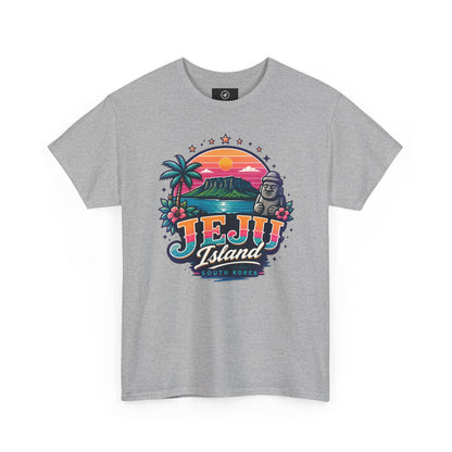Light gray Jeju Island graphic T-shirt with colorful sunset, palm trees, and Buddha