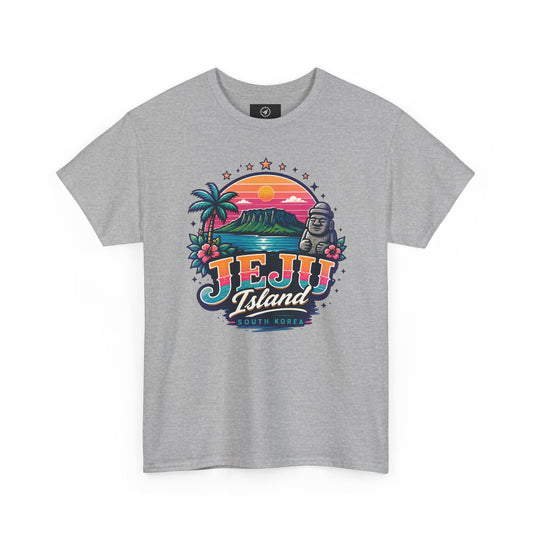Light gray Jeju Island graphic T-shirt with colorful sunset, palm trees, and Buddha