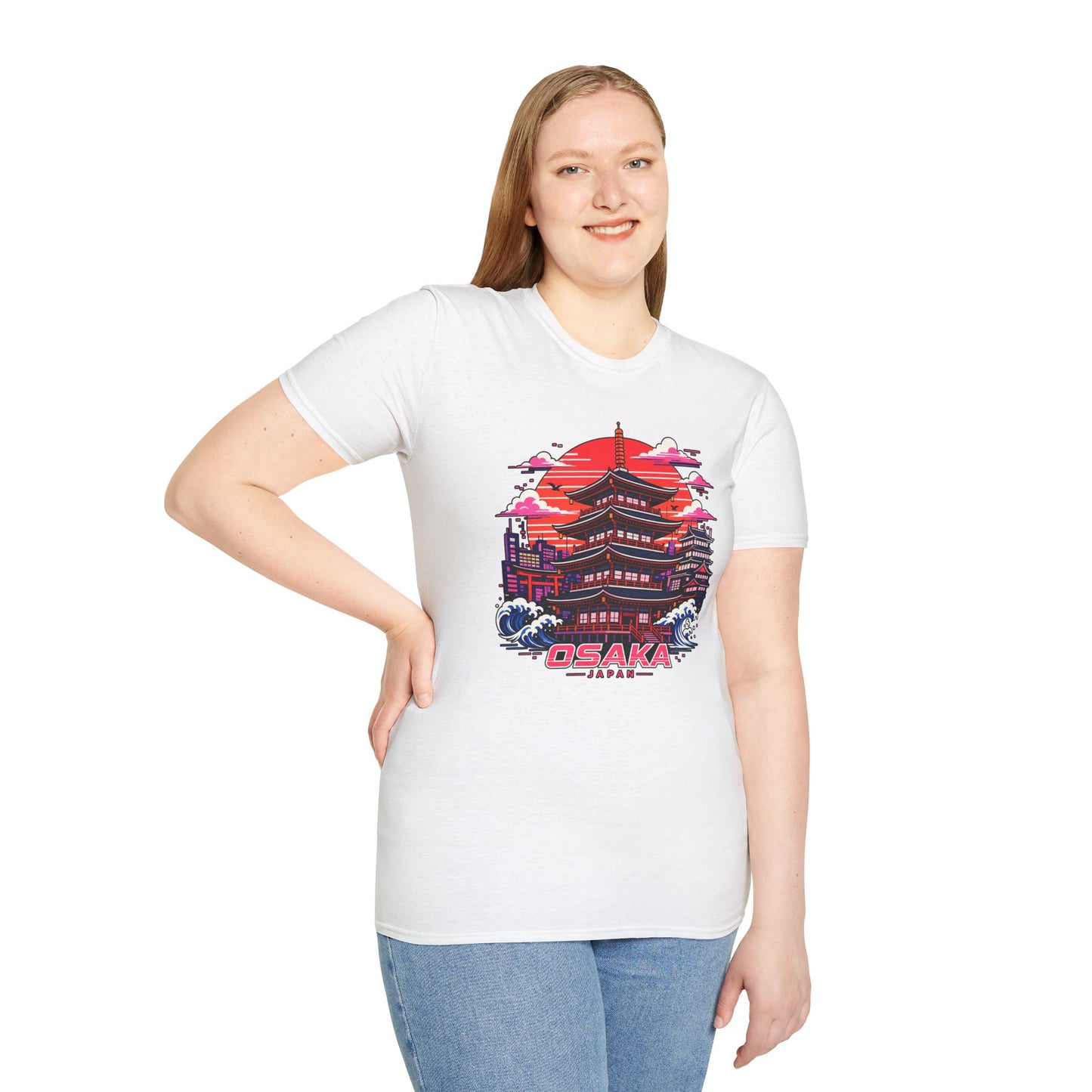 White T-shirt with Osaka graphic print, worn by a person standing.