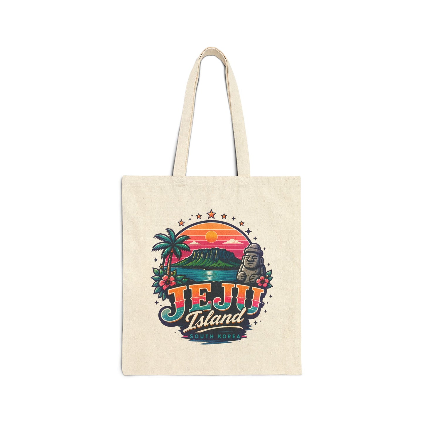 Natural canvas tote bag with colorful Jeju Island graphic on the front