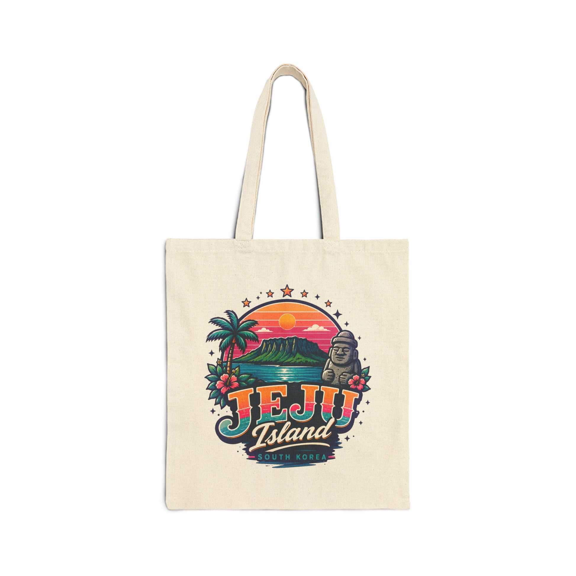 Natural canvas tote bag with colorful Jeju Island graphic on the front