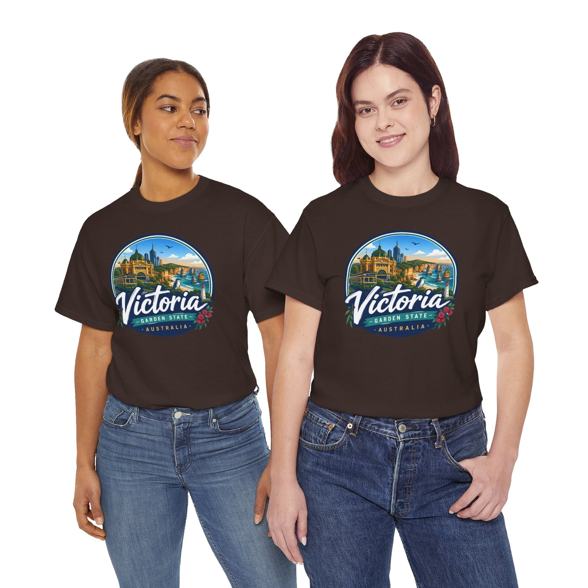 Black Victoria travel tee with circular city graphic on the chest