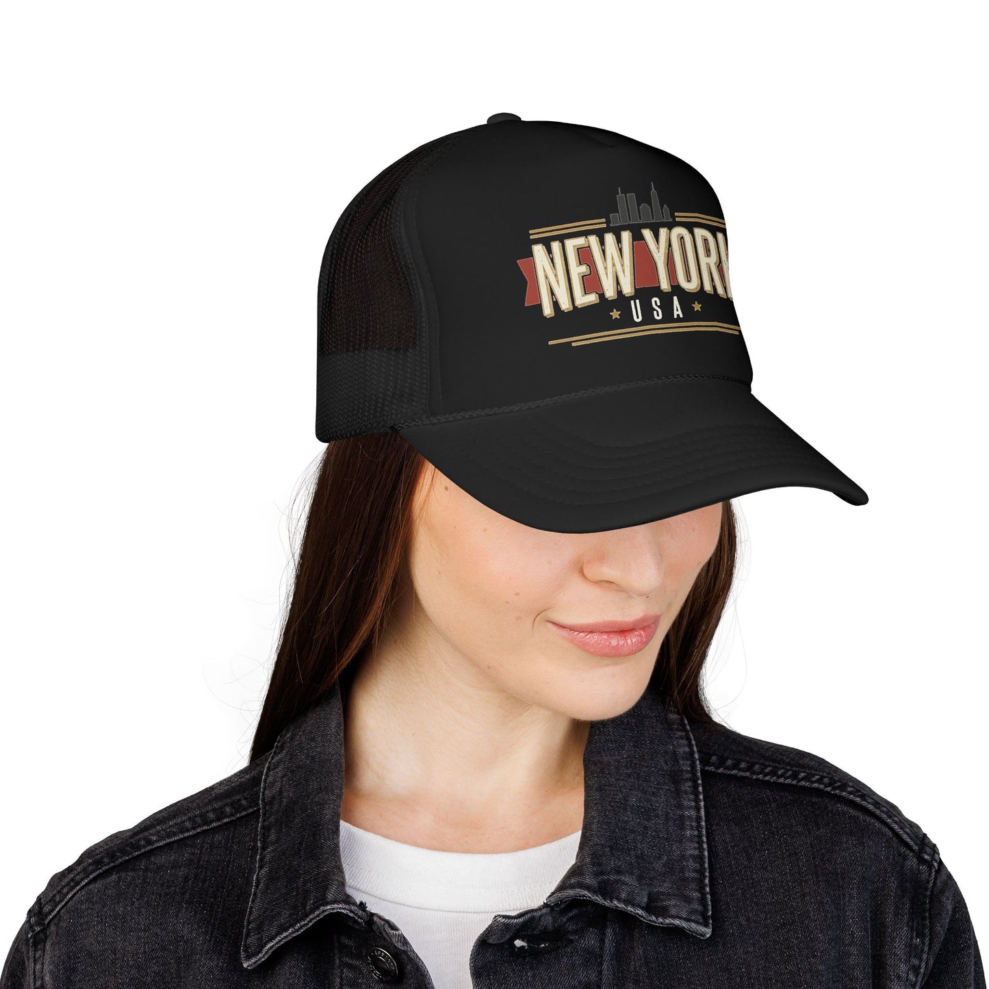 Black foam trucker hat with New York USA logo patch