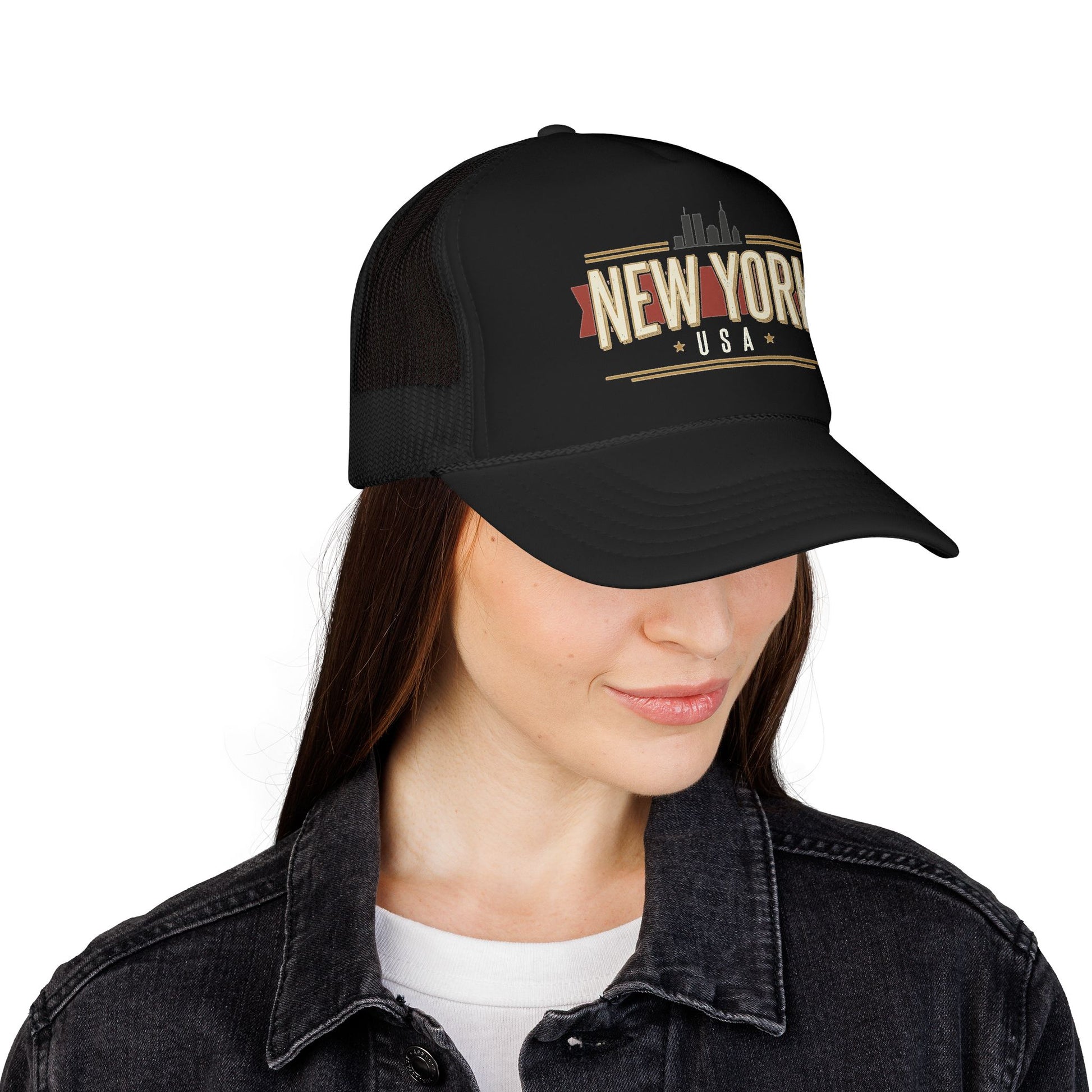 Black foam trucker hat with New York USA logo patch