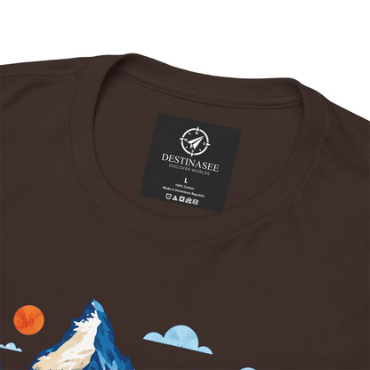 Dark brown t-shirt back neck logo with partial mountain and sun graphic.