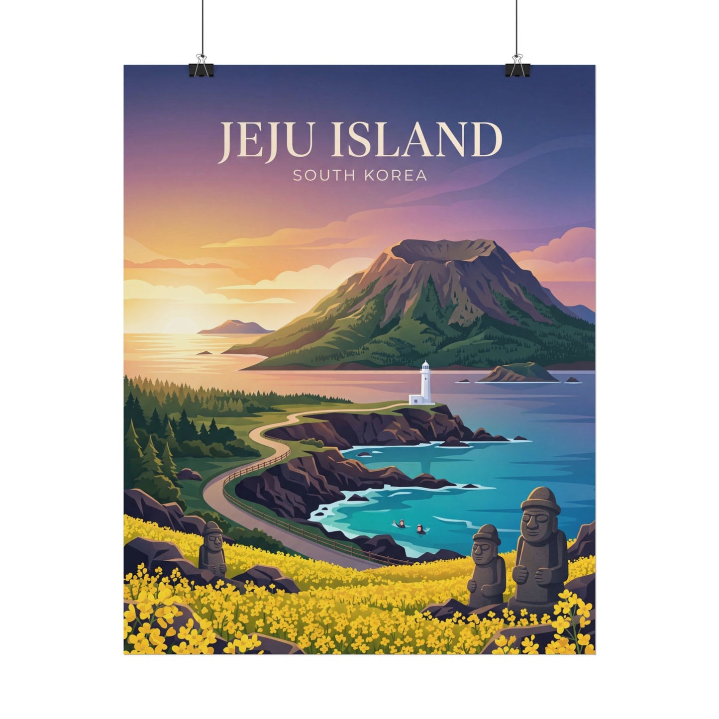 Hanging square Jeju Island South Korea poster with mountain, coast, lighthouse, and flowers