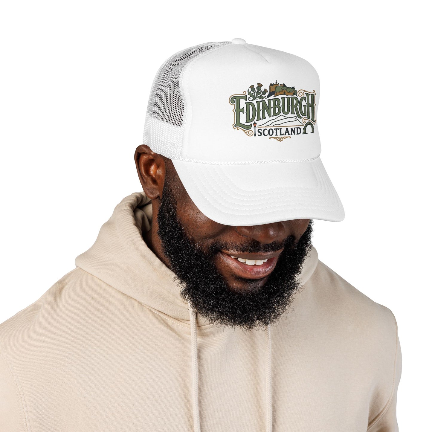 Edinburgh Scotland trucker hat on man, white mesh back with front logo