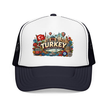 Turkey trucker hat with white front and black mesh sides, featuring Turkey graphic patch