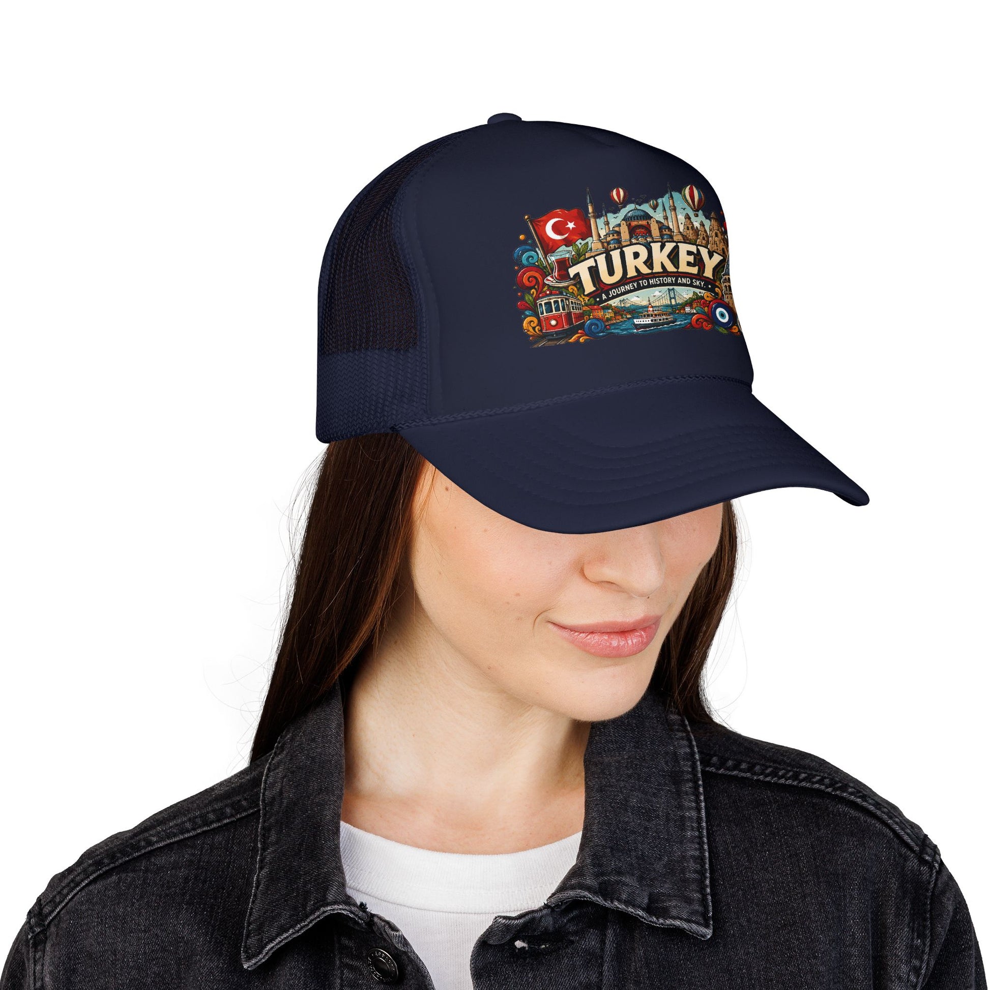 Navy trucker hat worn on a person, front Turkey emblem patch visible