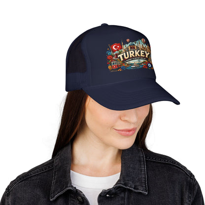Navy trucker hat worn on a person, front Turkey emblem patch visible