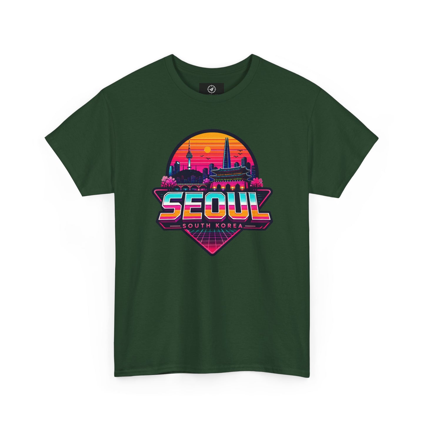 Forest green t-shirt with front Seoul South Korea heart skyline graphic, crew neck
