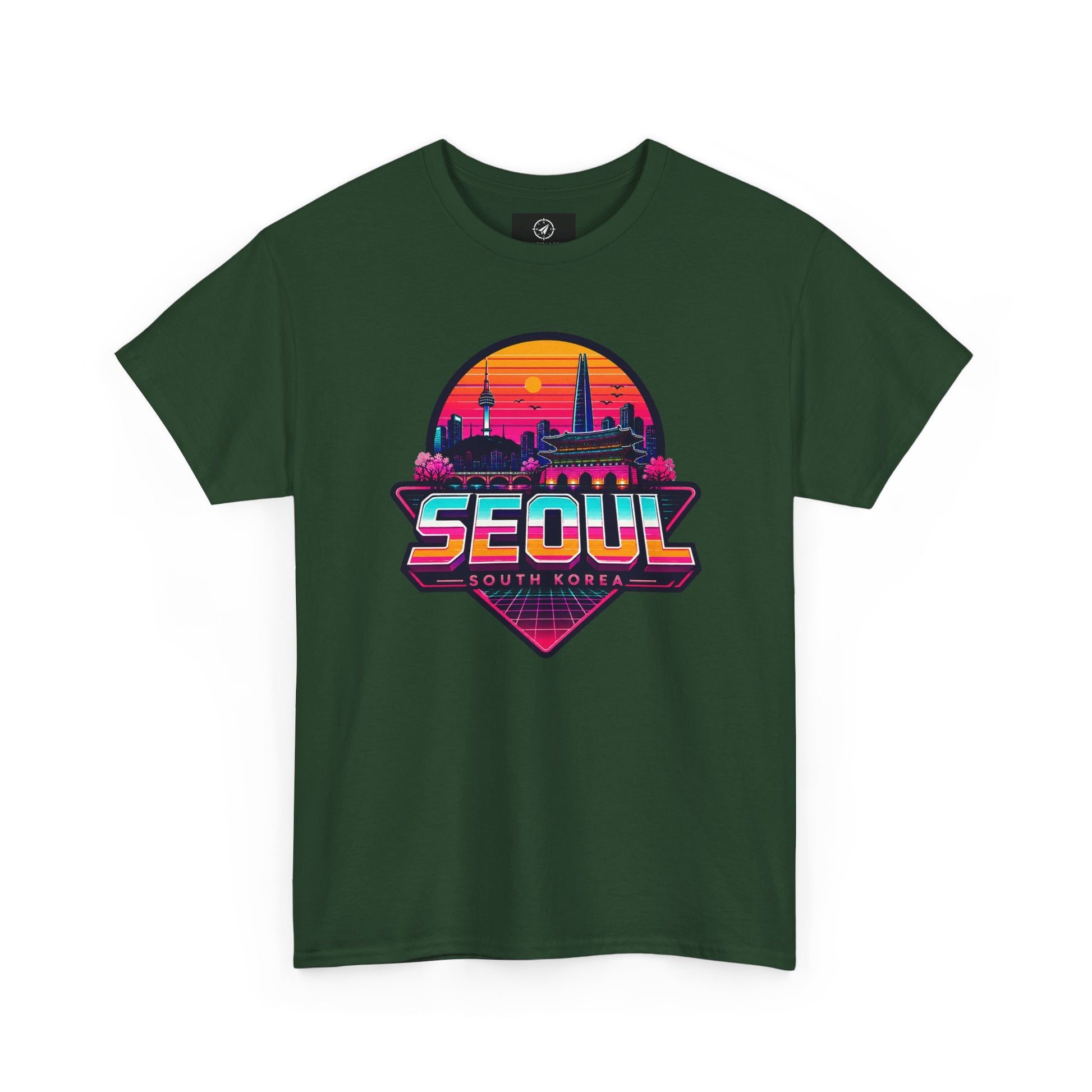 Forest green t-shirt with front Seoul South Korea heart skyline graphic, crew neck